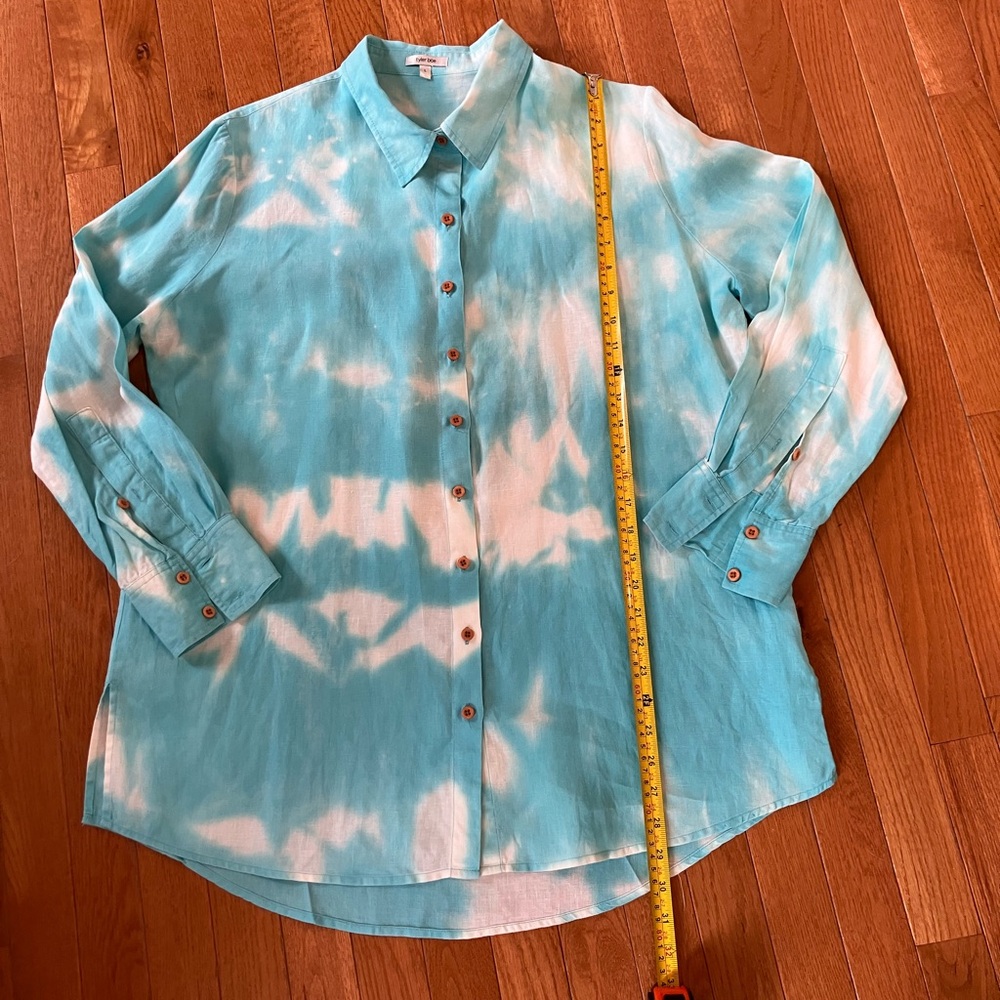 Tyler Boe Turquoise Blue Tie-Dye Button-Down Linen Shirt L - Picture 3 of 10